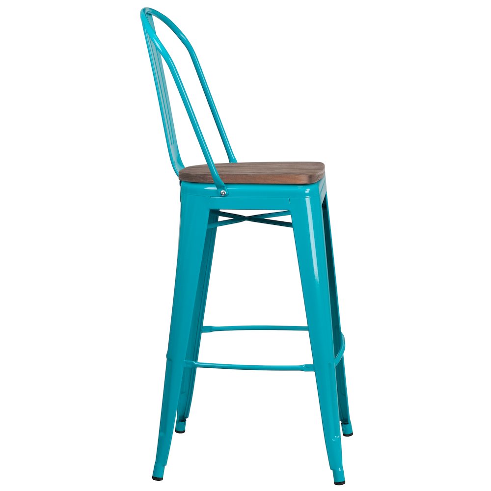 30″ High Crystal Teal-Blue Metal Barstool with Back and Wood Seat
