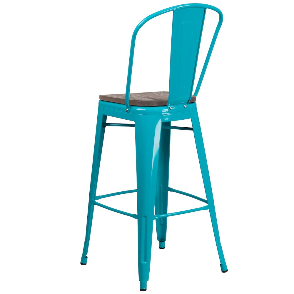 30″ High Crystal Teal-Blue Metal Barstool with Back and Wood Seat