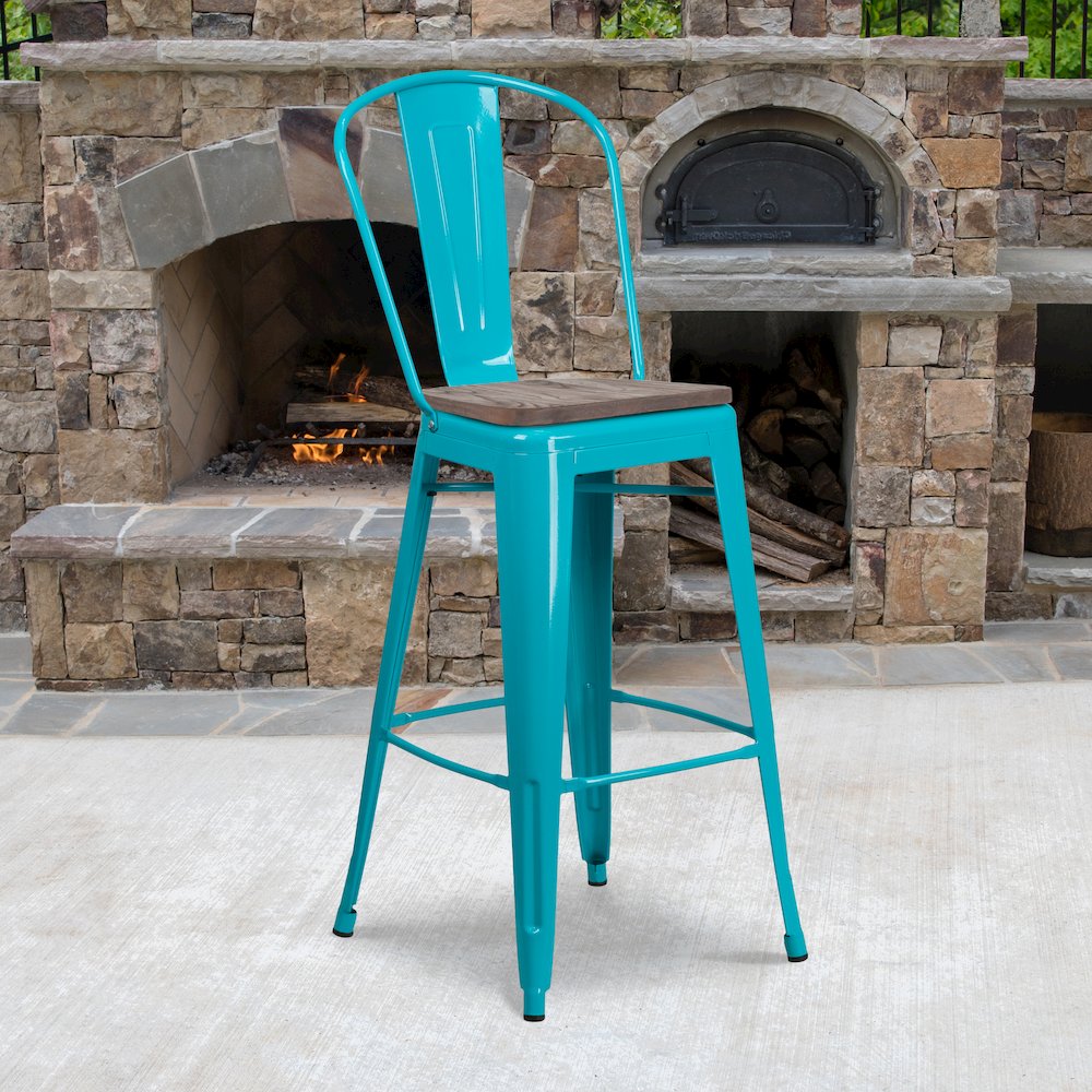 30″ High Crystal Teal-Blue Metal Barstool with Back and Wood Seat