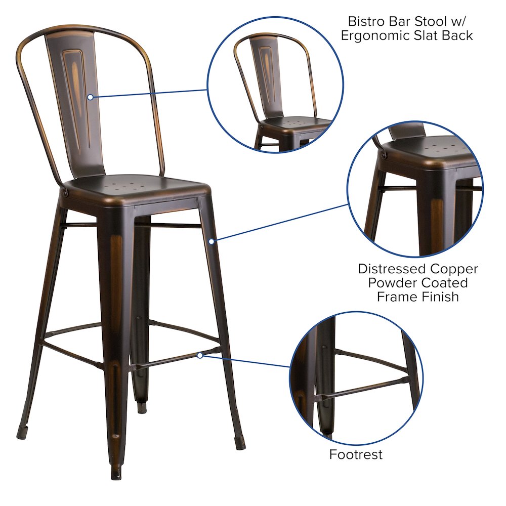 30″ High Distressed Copper Metal Indoor-Outdoor Barstool with Back