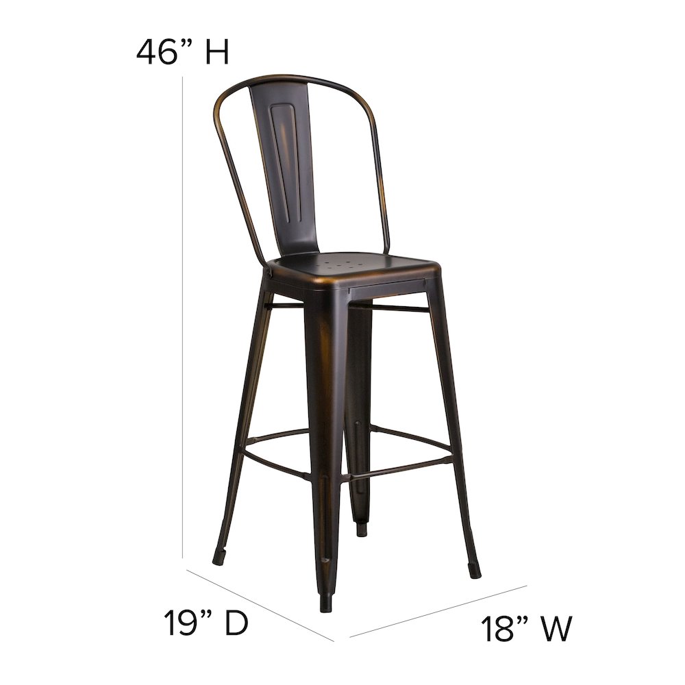 30″ High Copper Metal Indoor-Outdoor Barstool with Black Poly Resin Wood Seat