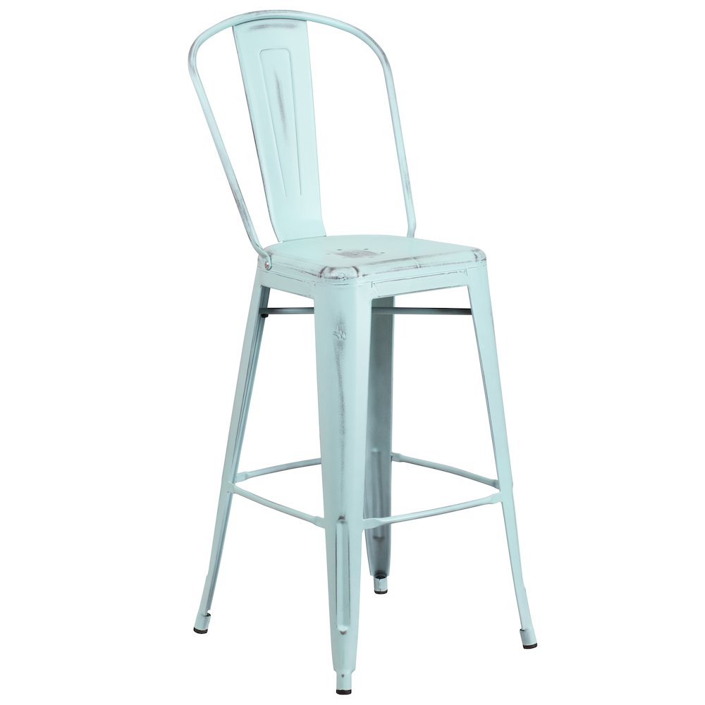 30″ High Distressed Green-Blue Metal Indoor-Outdoor Barstool with Back