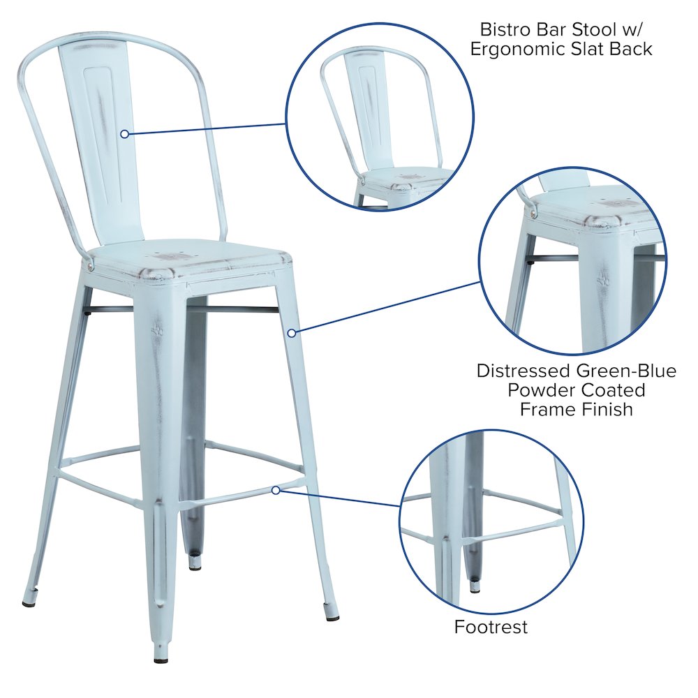 30″ High Distressed Green-Blue Metal Indoor-Outdoor Barstool with Back