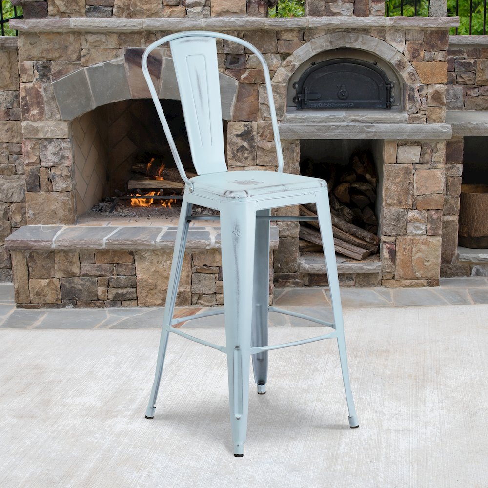30″ High Distressed Green-Blue Metal Indoor-Outdoor Barstool with Back