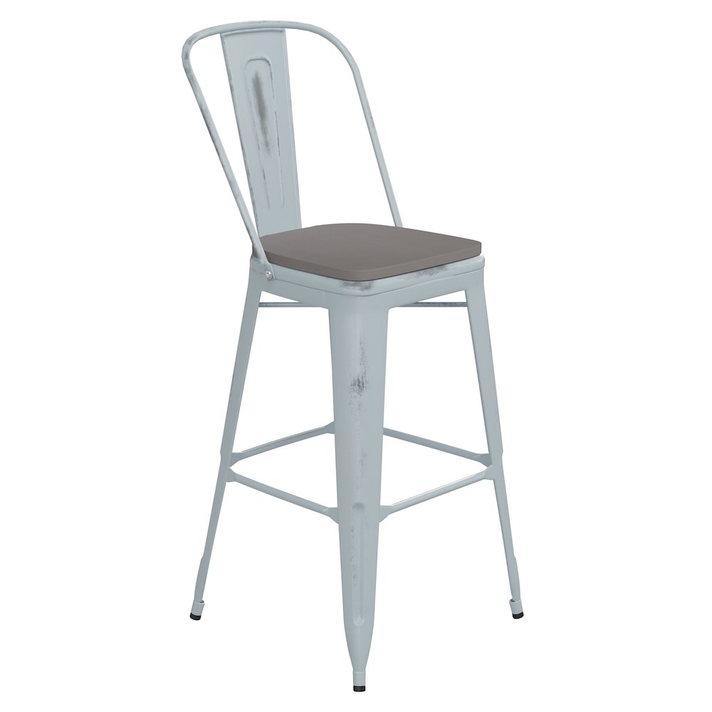 30″ High Green-Blue Metal Indoor-Outdoor Barstool with Gray Poly Resin Wood Seat