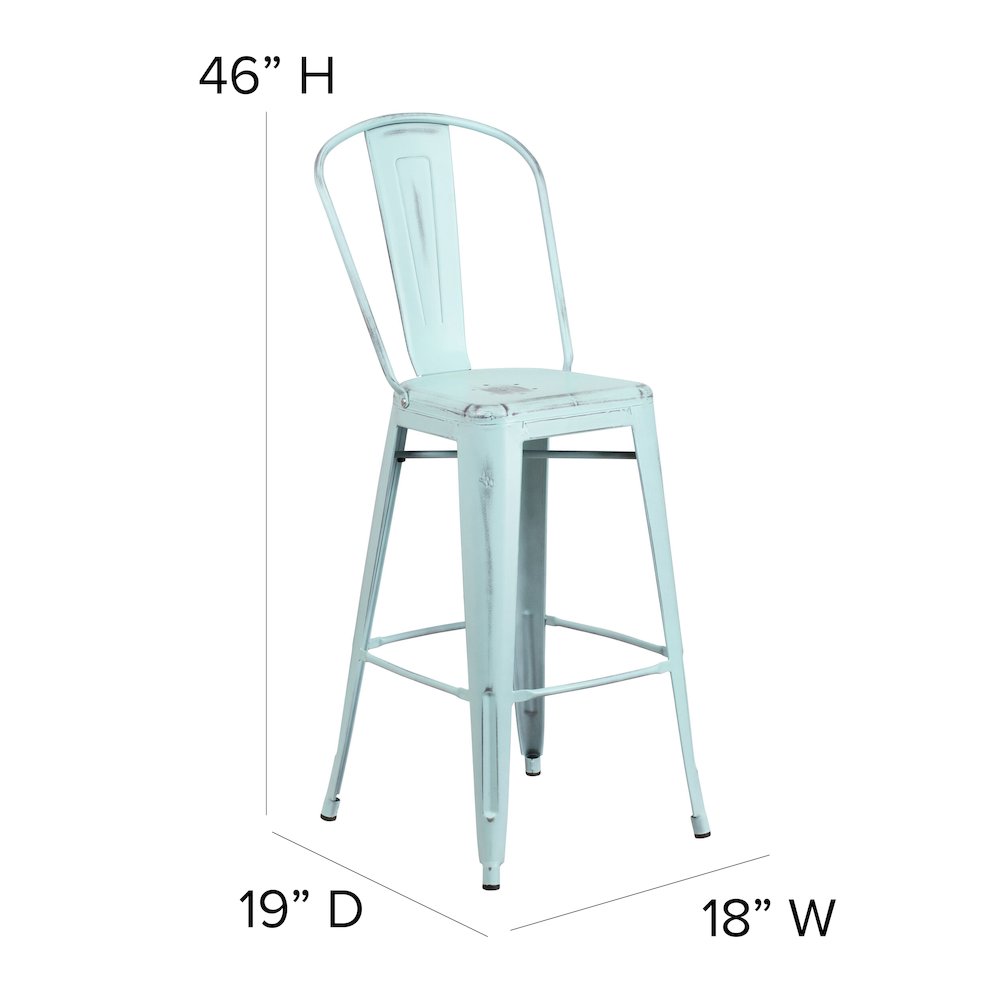30″ High Green-Blue Metal Indoor-Outdoor Barstool with Gray Poly Resin Wood Seat