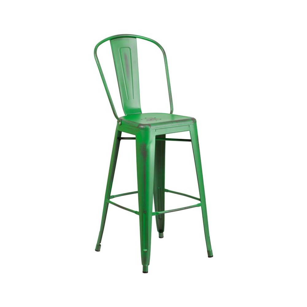 30″ High Distressed Green Metal Indoor-Outdoor Barstool with Back