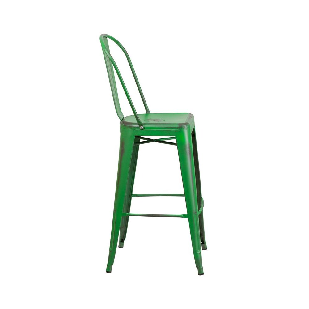 30″ High Distressed Green Metal Indoor-Outdoor Barstool with Back