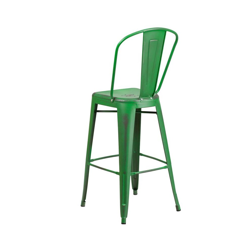 30″ High Distressed Green Metal Indoor-Outdoor Barstool with Back