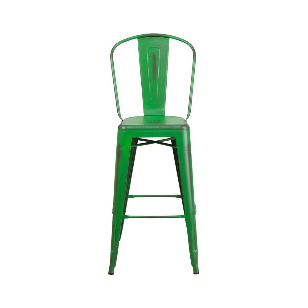 30″ High Distressed Green Metal Indoor-Outdoor Barstool with Back