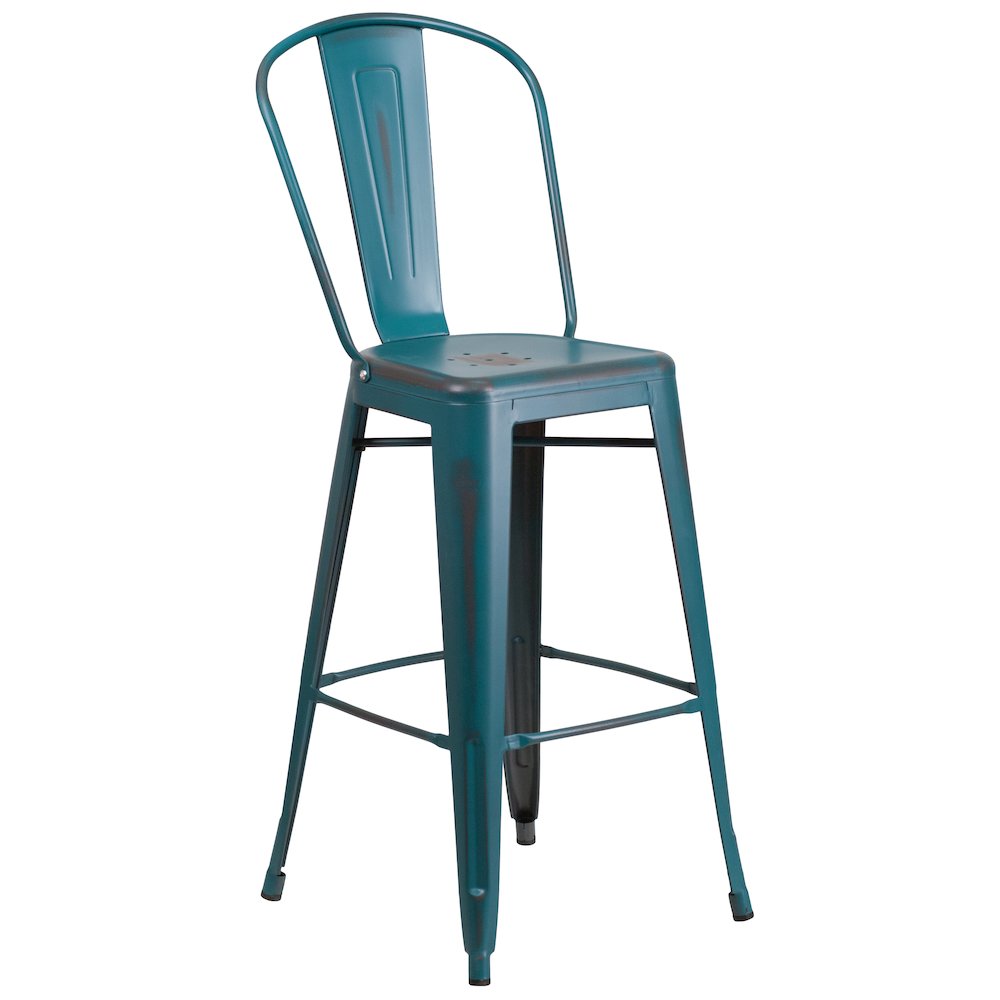 30″ High Distressed Kelly Blue-Teal Metal Indoor-Outdoor Barstool with Back