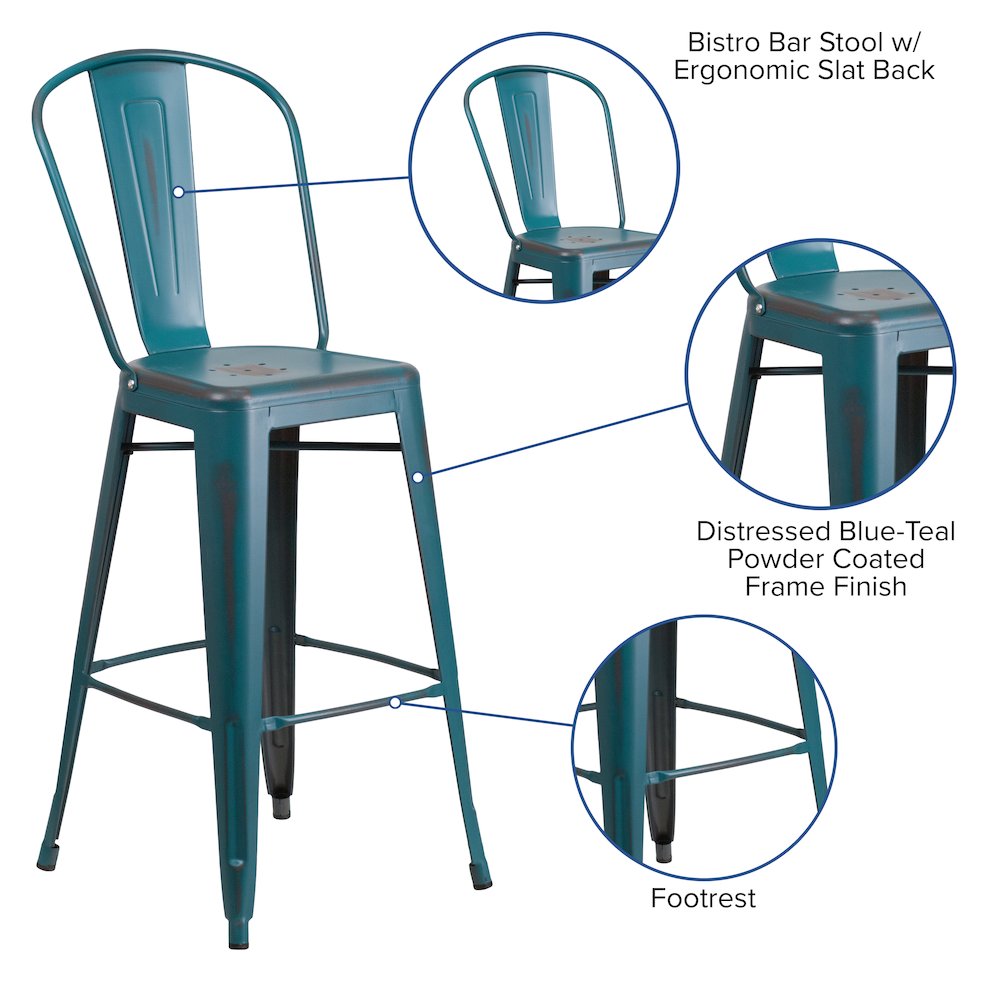 30″ High Distressed Kelly Blue-Teal Metal Indoor-Outdoor Barstool with Back