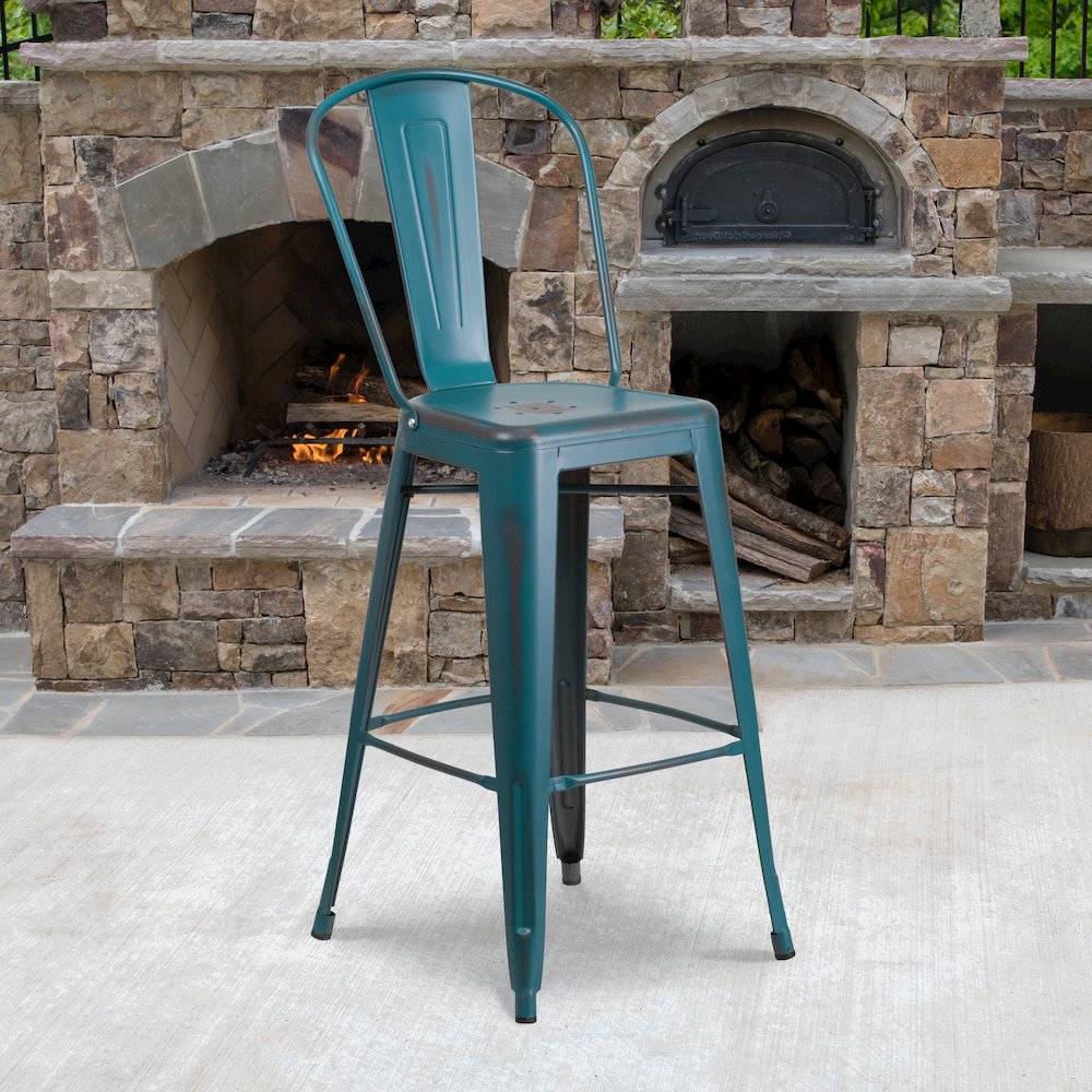 30″ High Distressed Kelly Blue-Teal Metal Indoor-Outdoor Barstool with Back