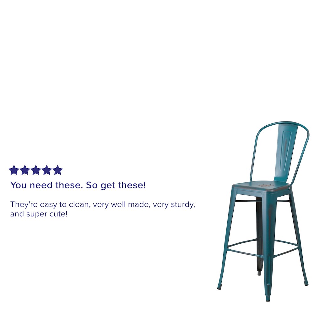 30″ High Distressed Kelly Blue-Teal Metal Indoor-Outdoor Barstool with Back