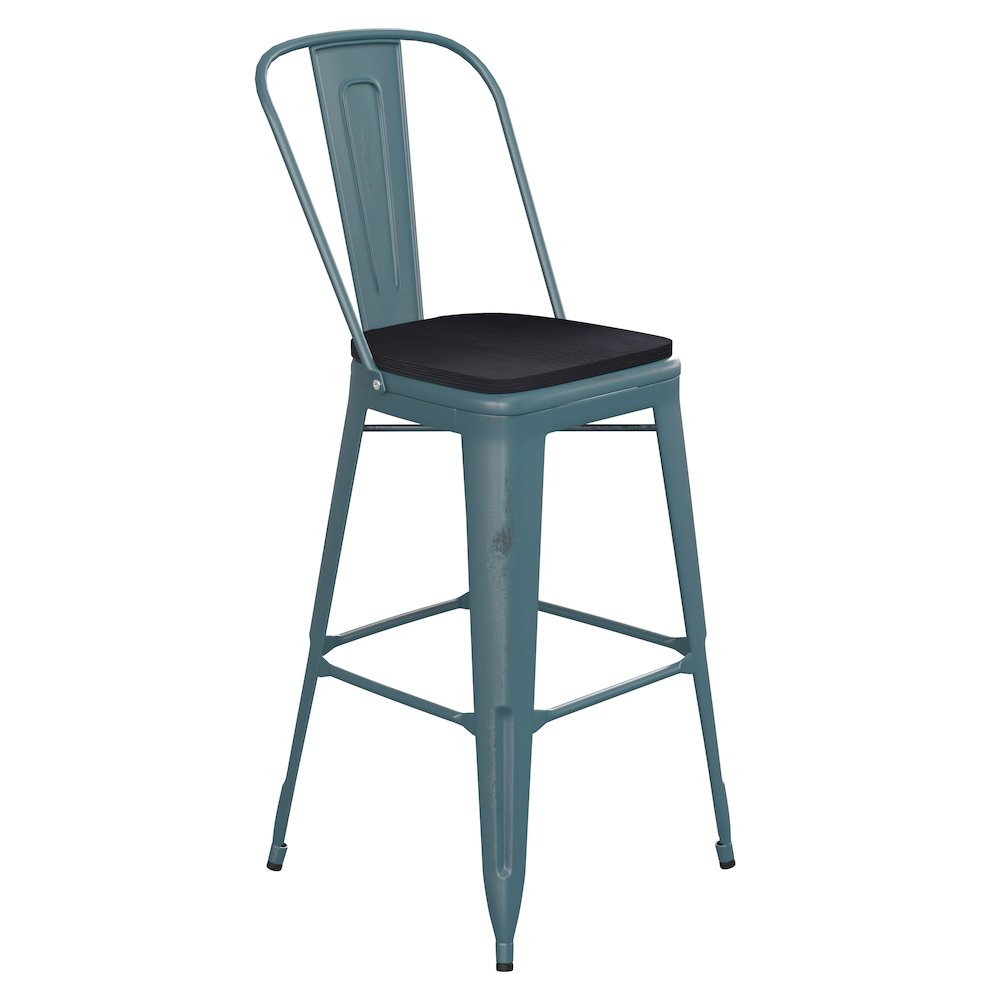 30″ High Kelly Blue-Teal Metal Indoor-Barstool with Black Poly Resin Wood Seat