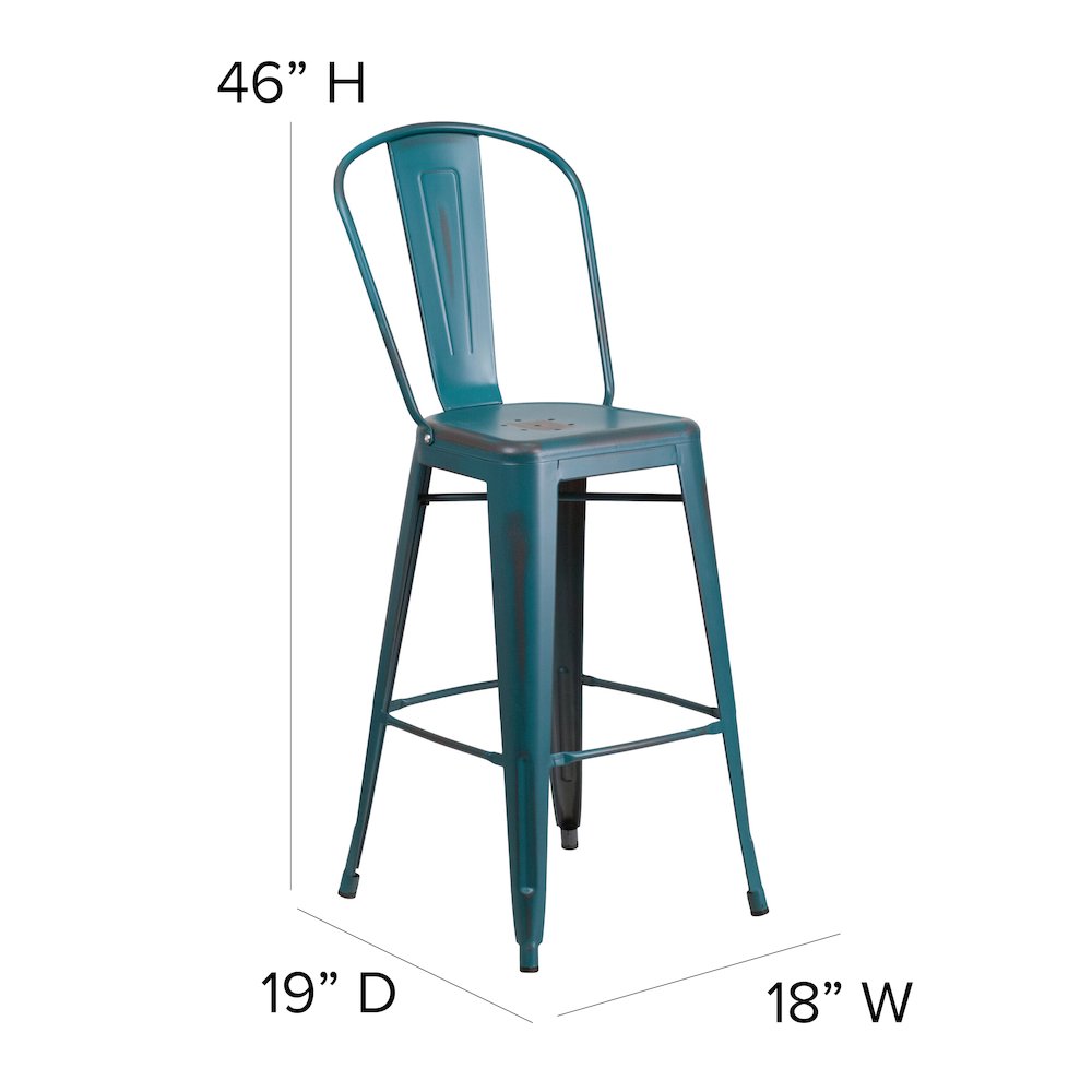 30″ High Kelly Blue-Teal Metal Indoor-Barstool with Black Poly Resin Wood Seat