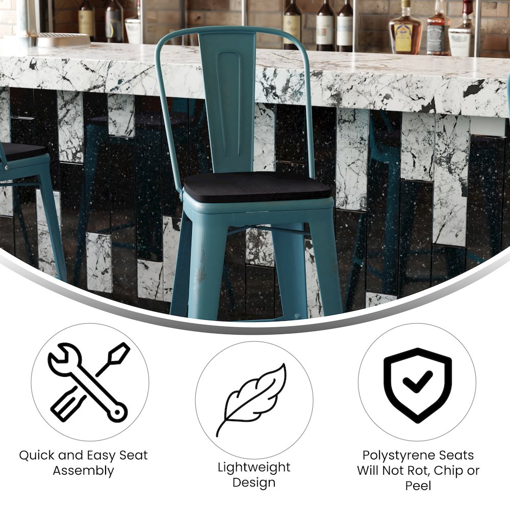 30″ High Kelly Blue-Teal Metal Indoor-Barstool with Black Poly Resin Wood Seat