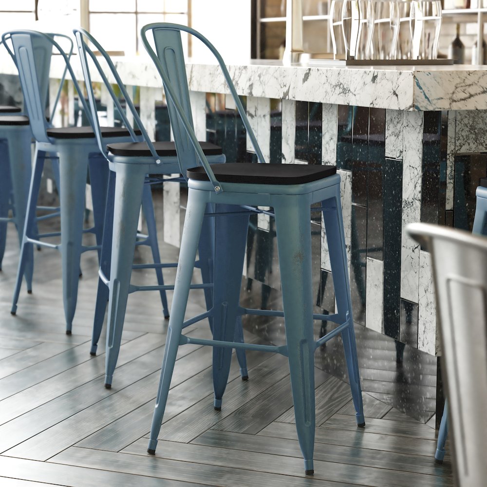 30″ High Kelly Blue-Teal Metal Indoor-Barstool with Black Poly Resin Wood Seat
