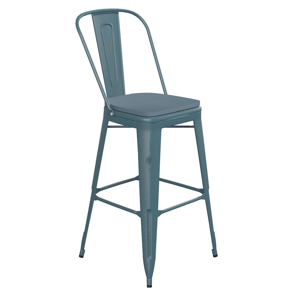 30″ High Kelly Blue-Teal Metal Barstool with Teal-Blue Poly Resin Wood Seat