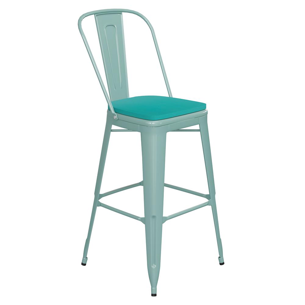 30″ High Mint Green Metal Indoor-Barstool with Mint Green Poly Resin Wood Seat