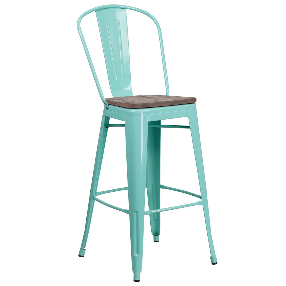 30″ High Mint Green Metal Barstool with Back and Wood Seat