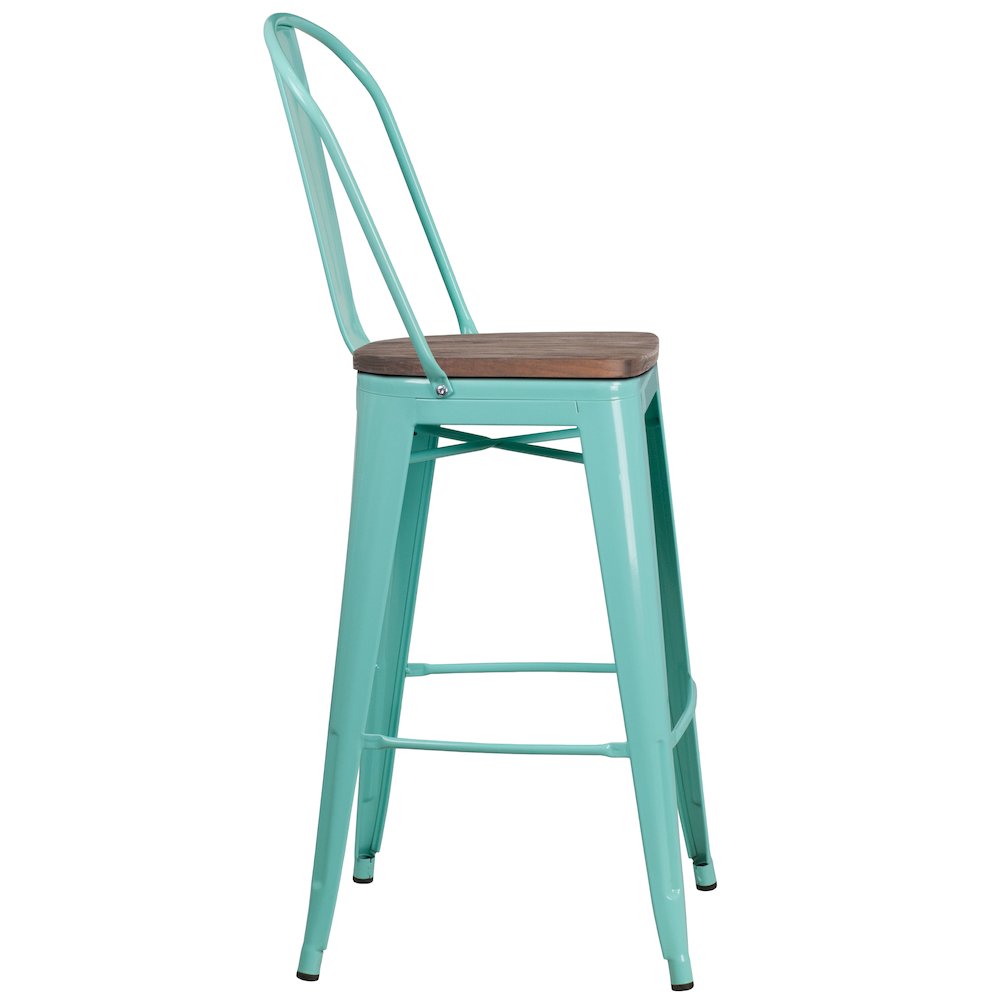 30″ High Mint Green Metal Barstool with Back and Wood Seat