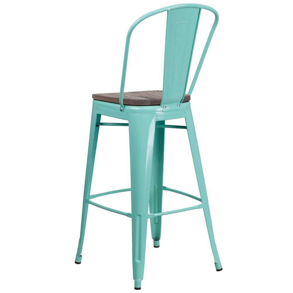30″ High Mint Green Metal Barstool with Back and Wood Seat