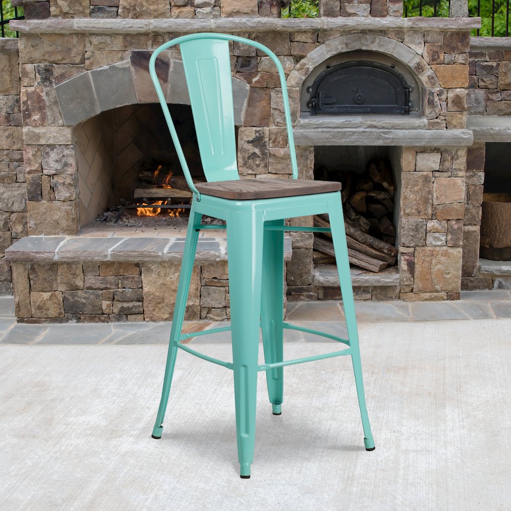 30″ High Mint Green Metal Barstool with Back and Wood Seat