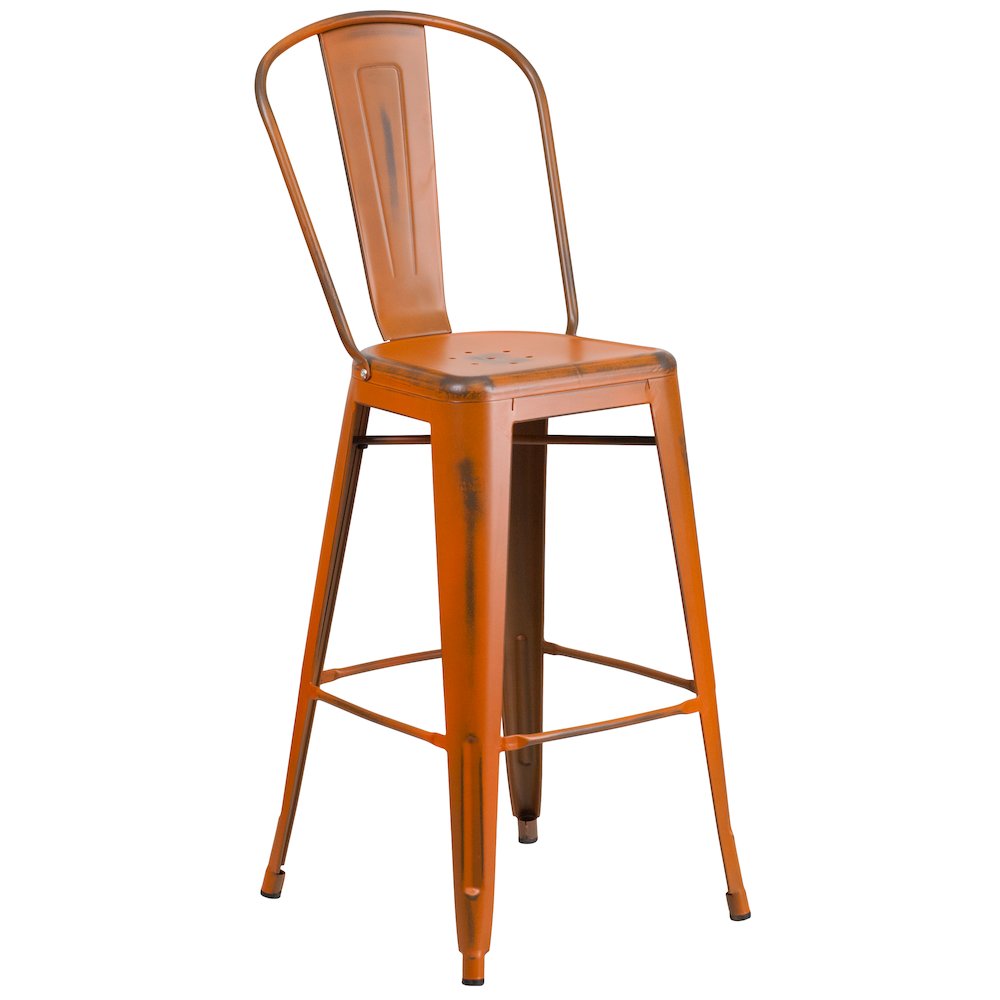 30″ High Distressed Orange Metal Indoor-Outdoor Barstool with Back