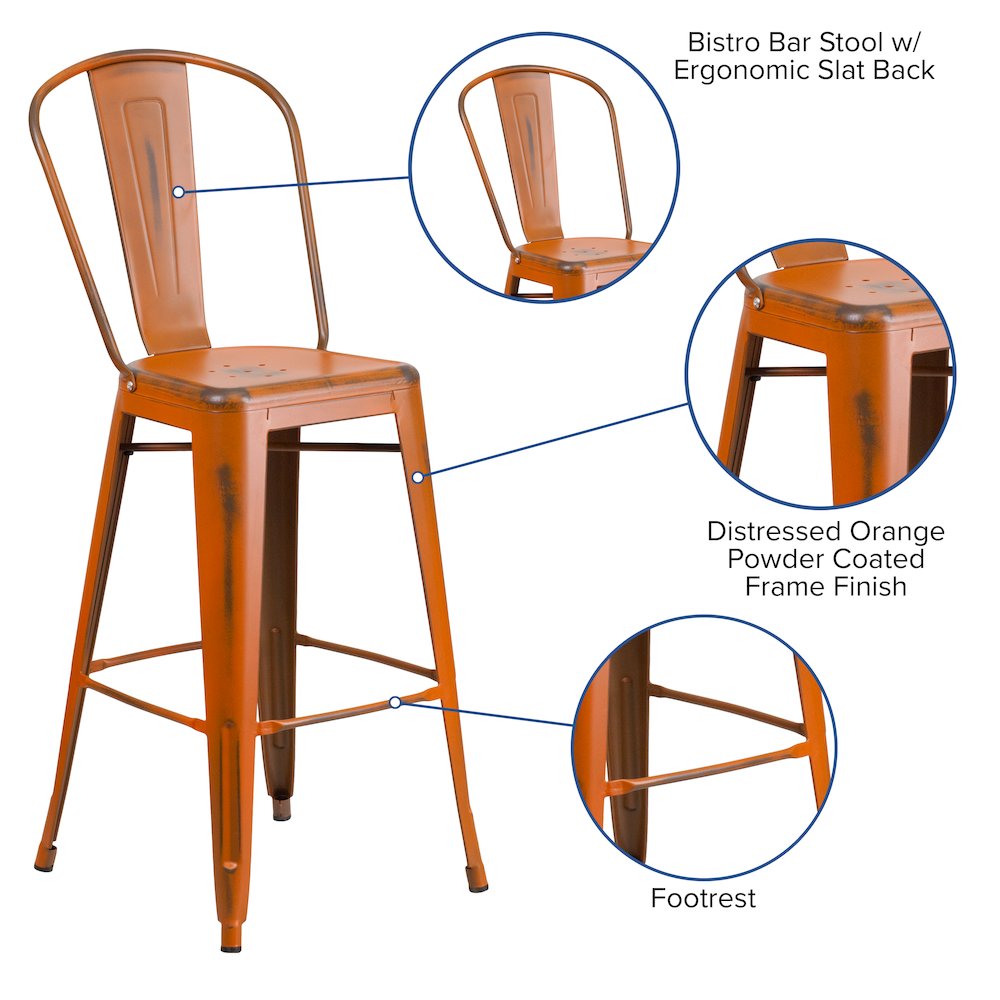30″ High Distressed Orange Metal Indoor-Outdoor Barstool with Back
