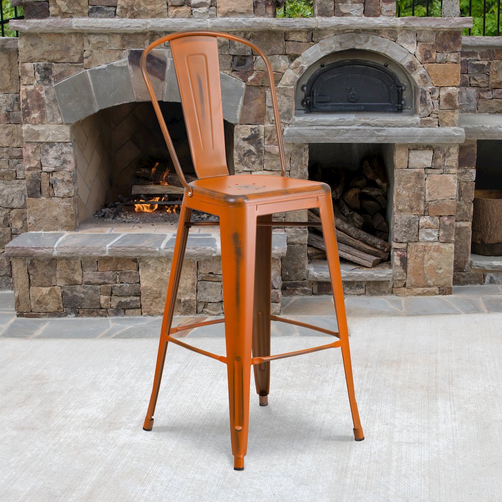 30″ High Distressed Orange Metal Indoor-Outdoor Barstool with Back