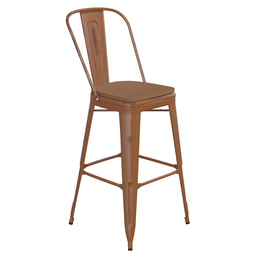 30″ High Orange Metal Indoor-Outdoor Barstool with Teak Poly Resin Wood Seat