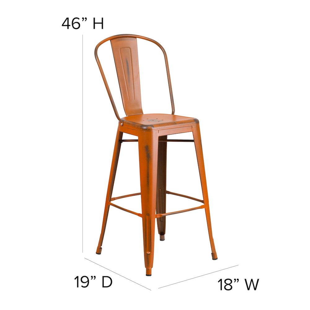 30″ High Orange Metal Indoor-Outdoor Barstool with Teak Poly Resin Wood Seat