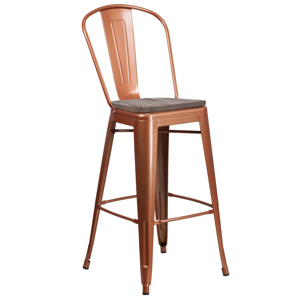 30″ High Copper Metal Barstool with Back and Wood Seat