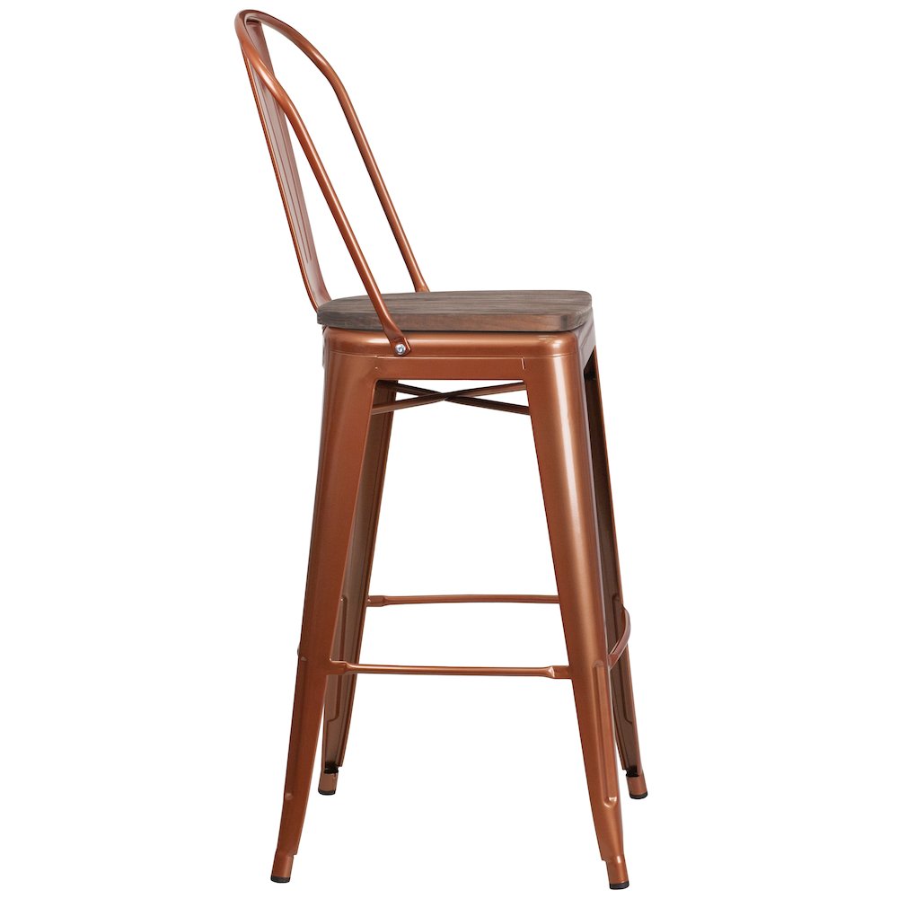 30″ High Copper Metal Barstool with Back and Wood Seat