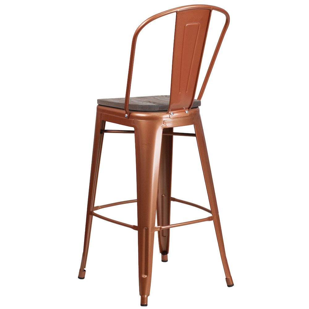 30″ High Copper Metal Barstool with Back and Wood Seat