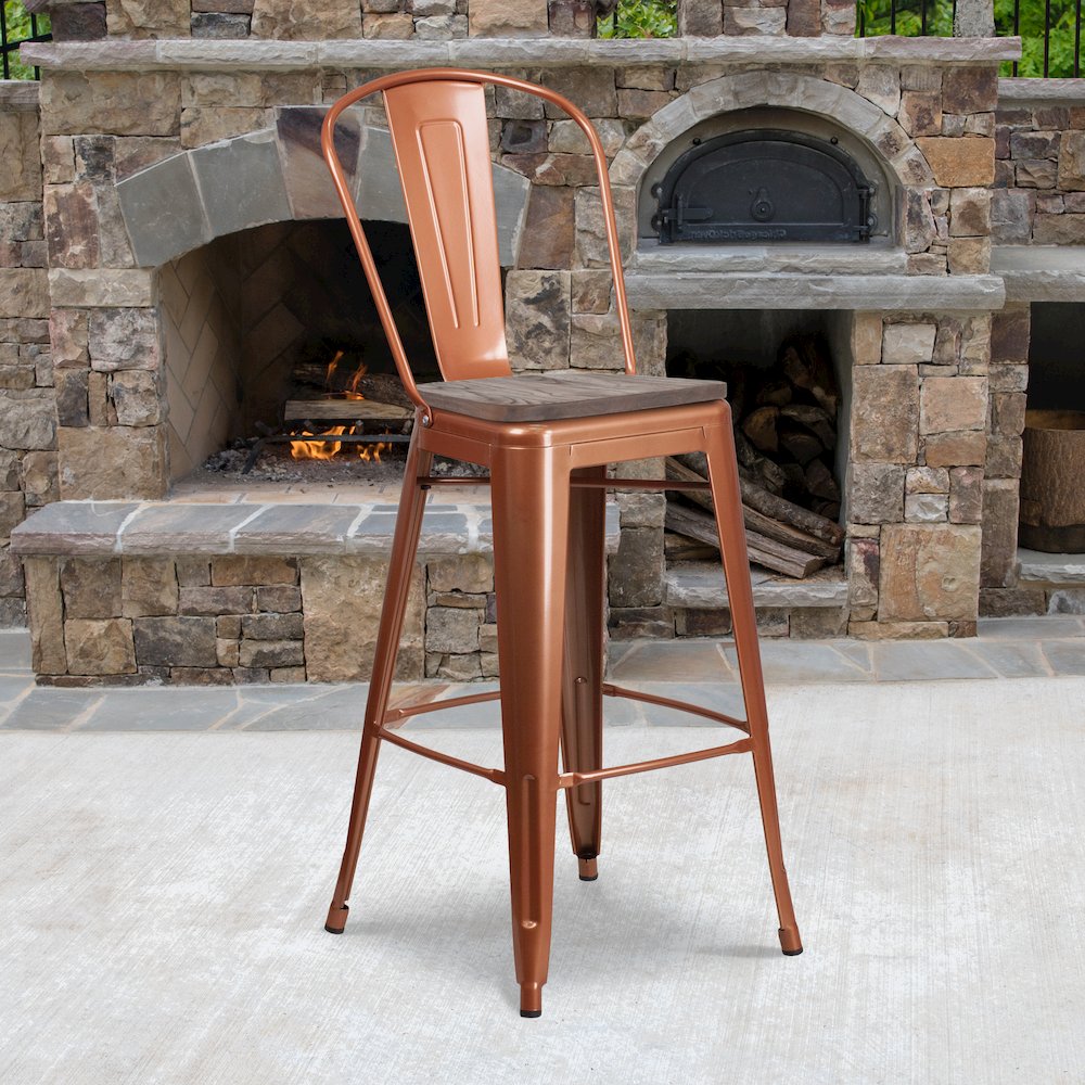 30″ High Copper Metal Barstool with Back and Wood Seat