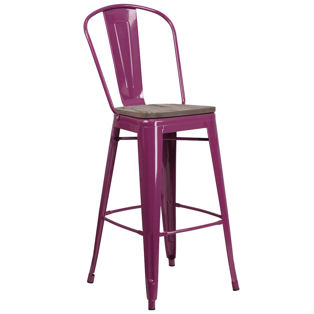 30″ High Purple Metal Barstool with Back and Wood Seat