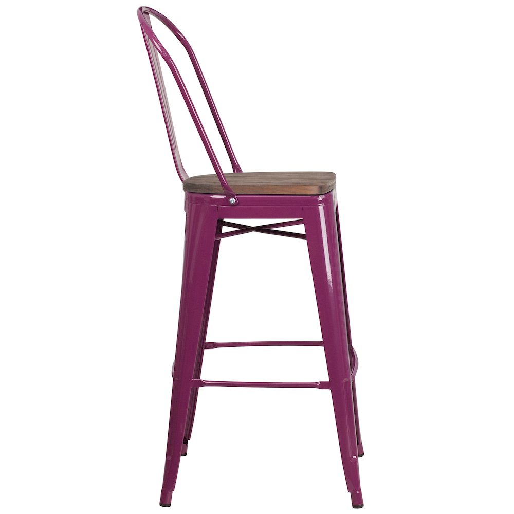 30″ High Purple Metal Barstool with Back and Wood Seat