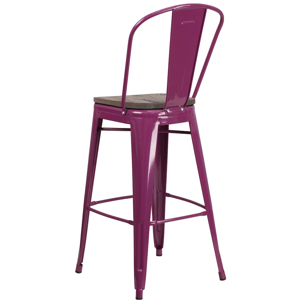 30″ High Purple Metal Barstool with Back and Wood Seat
