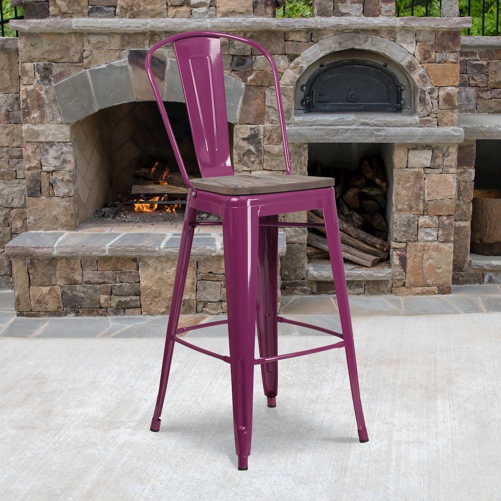 30″ High Purple Metal Barstool with Back and Wood Seat