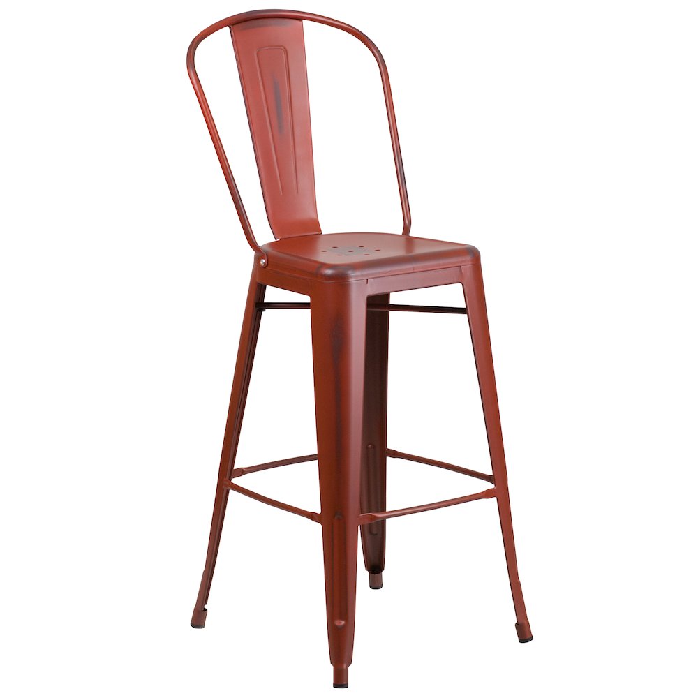 30″ High Distressed Kelly Red Metal Indoor-Outdoor Barstool with Back
