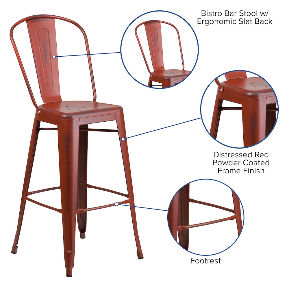30″ High Distressed Kelly Red Metal Indoor-Outdoor Barstool with Back