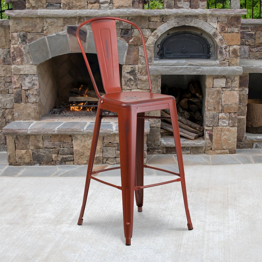 30″ High Distressed Kelly Red Metal Indoor-Outdoor Barstool with Back
