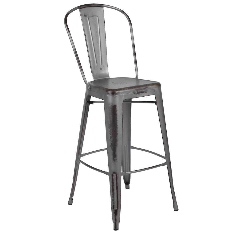 30″ High Distressed Silver Gray Metal Indoor-Outdoor Barstool with Back