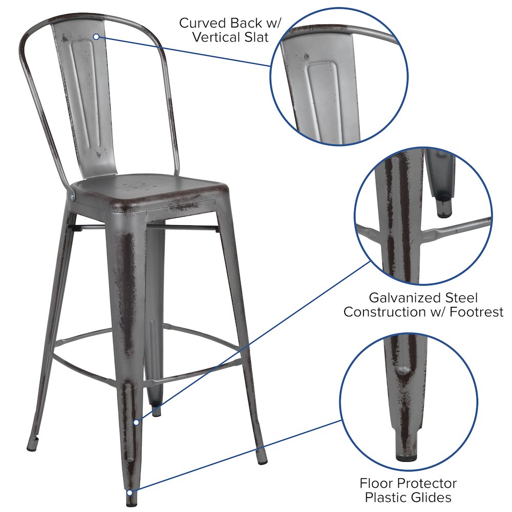 30″ High Distressed Silver Gray Metal Indoor-Outdoor Barstool with Back