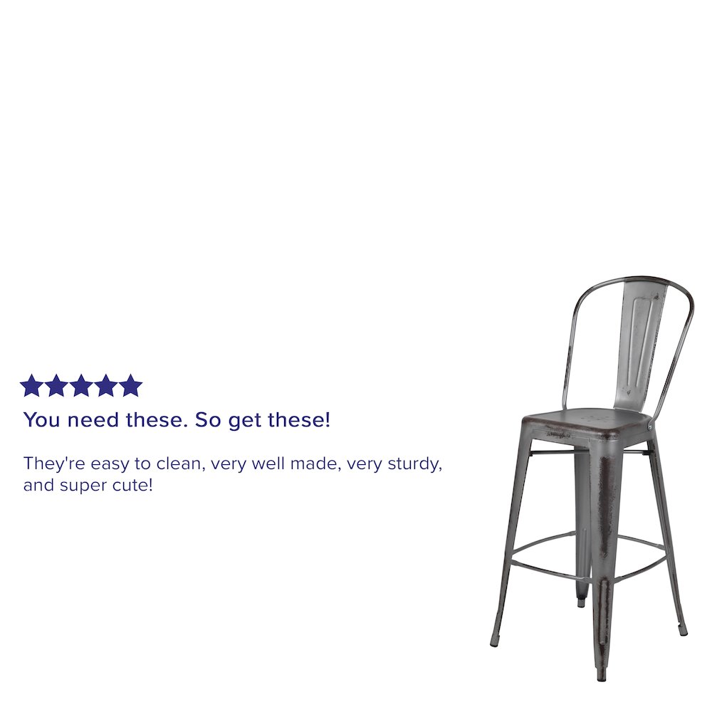 30″ High Distressed Silver Gray Metal Indoor-Outdoor Barstool with Back