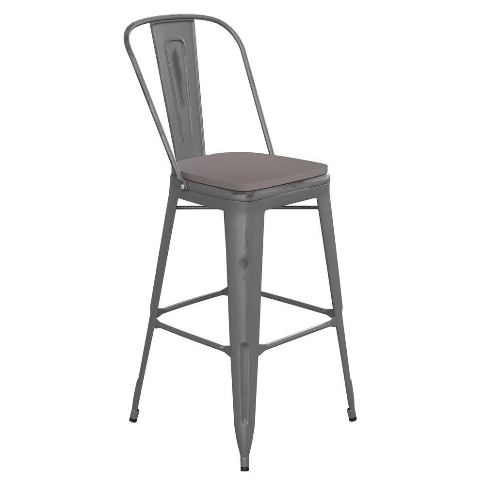 30″ High Silver Gray Metal Indoor-Barstool with Gray Poly Resin Wood Seat