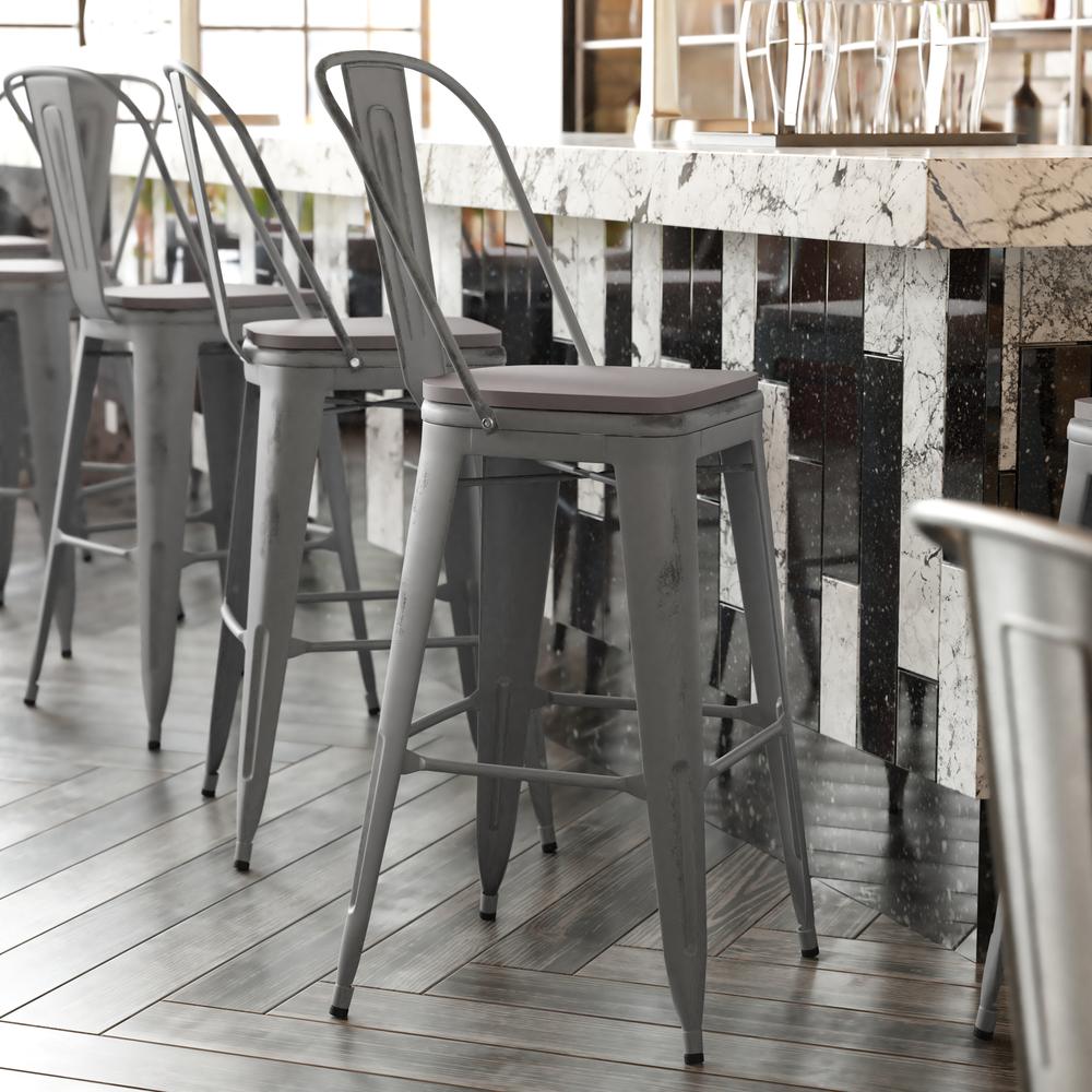 30″ High Silver Gray Metal Indoor-Barstool with Gray Poly Resin Wood Seat