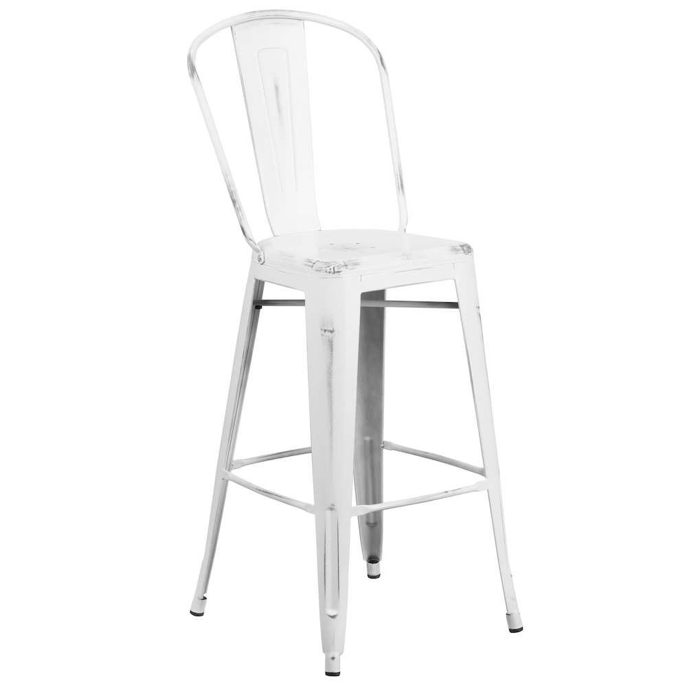 30″ High Distressed White Metal Indoor-Outdoor Barstool with Back